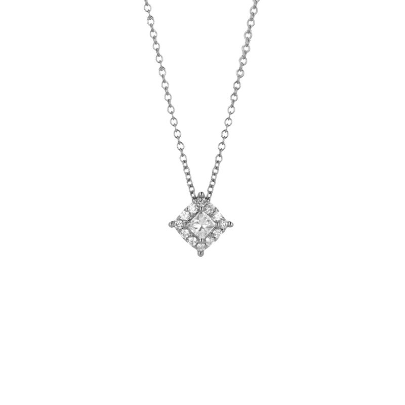 Pendente Oro Bianco 18K con Diamanti Round e Princess Cut