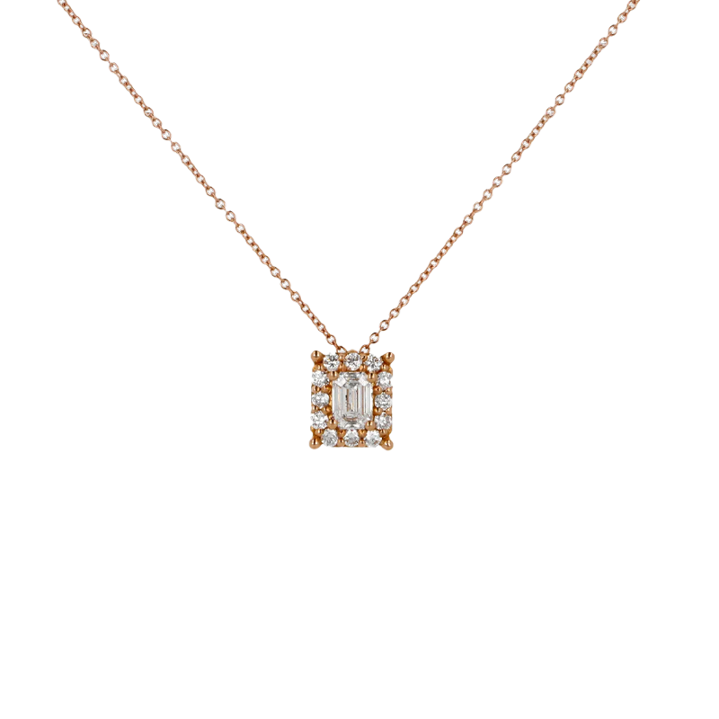 Pendente grande oro rosa 18K con diamanti con centrale emerald cut