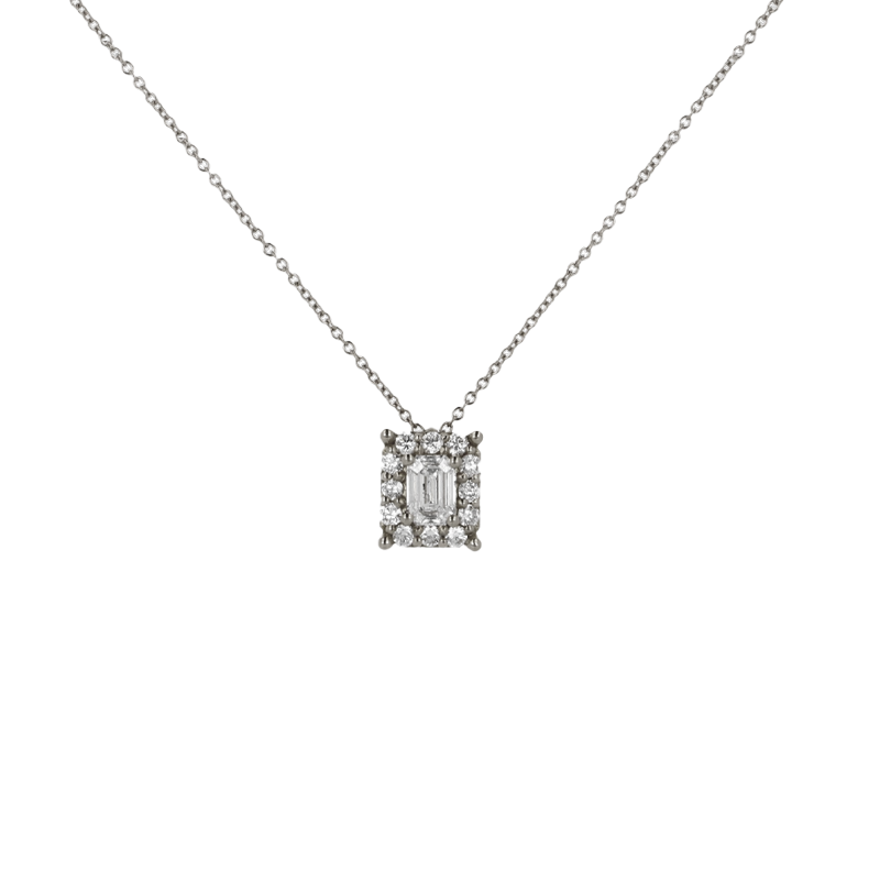 Pendente grande oro bianco 18K con diamanti con centrale emerald cut
