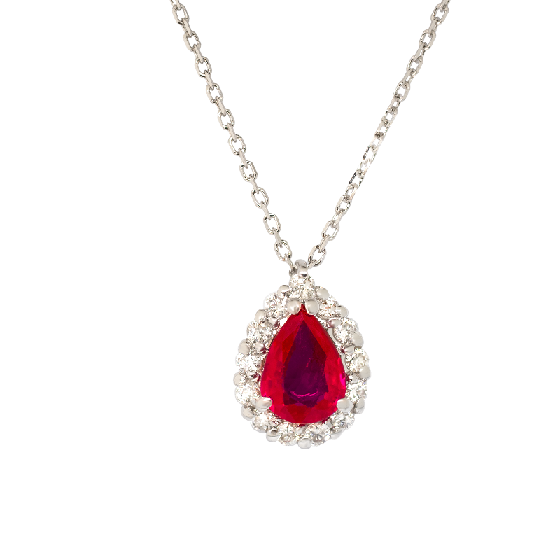 Pendente oro bianco 18K con diamanti con rubino centrale a goccia