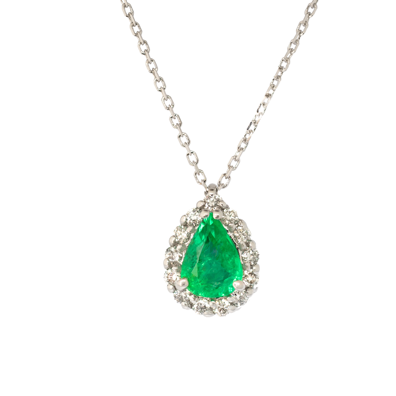 Pendente oro bianco 18K con diamanti con smeraldo centrale a goccia