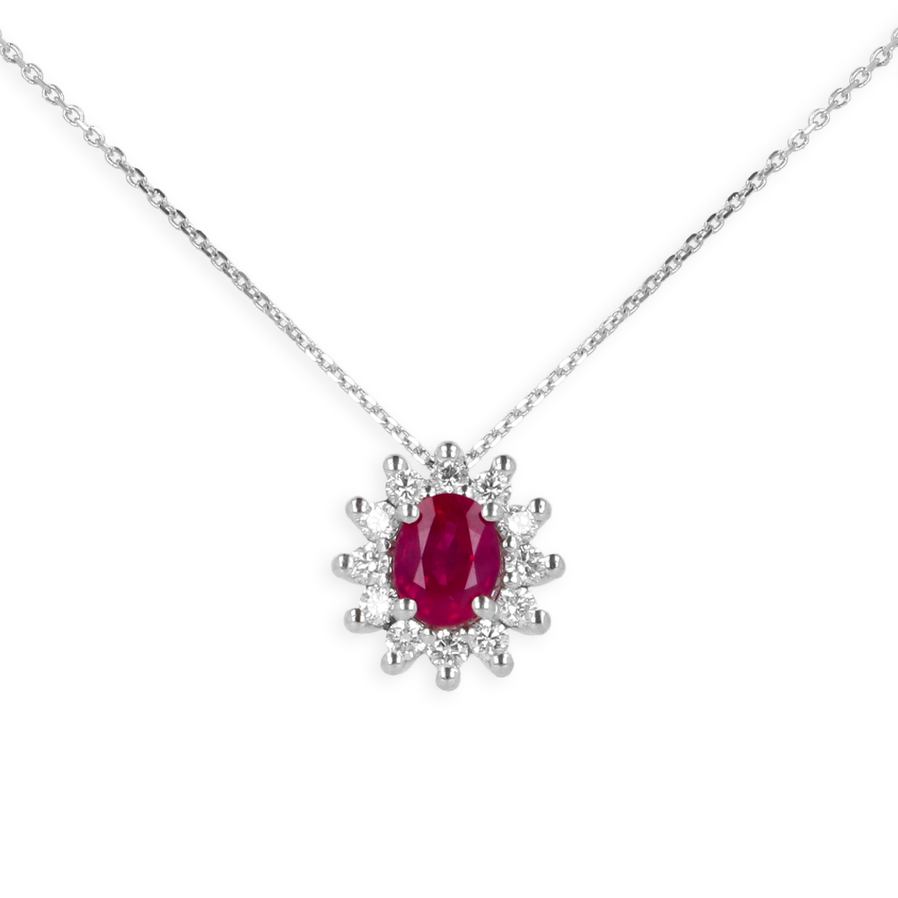 Pendente oro Bianco 18K con Diamanti e Centrale Rubino