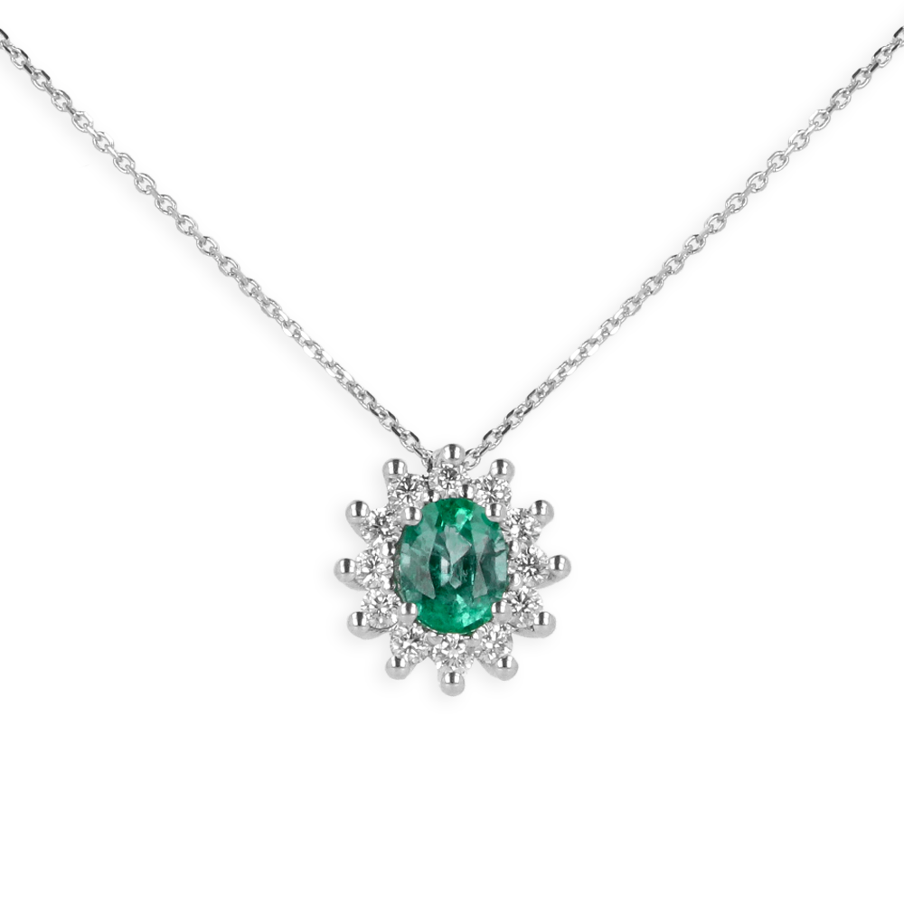 Pendente oro Bianco 18K con Diamanti e Centrale Smeraldo