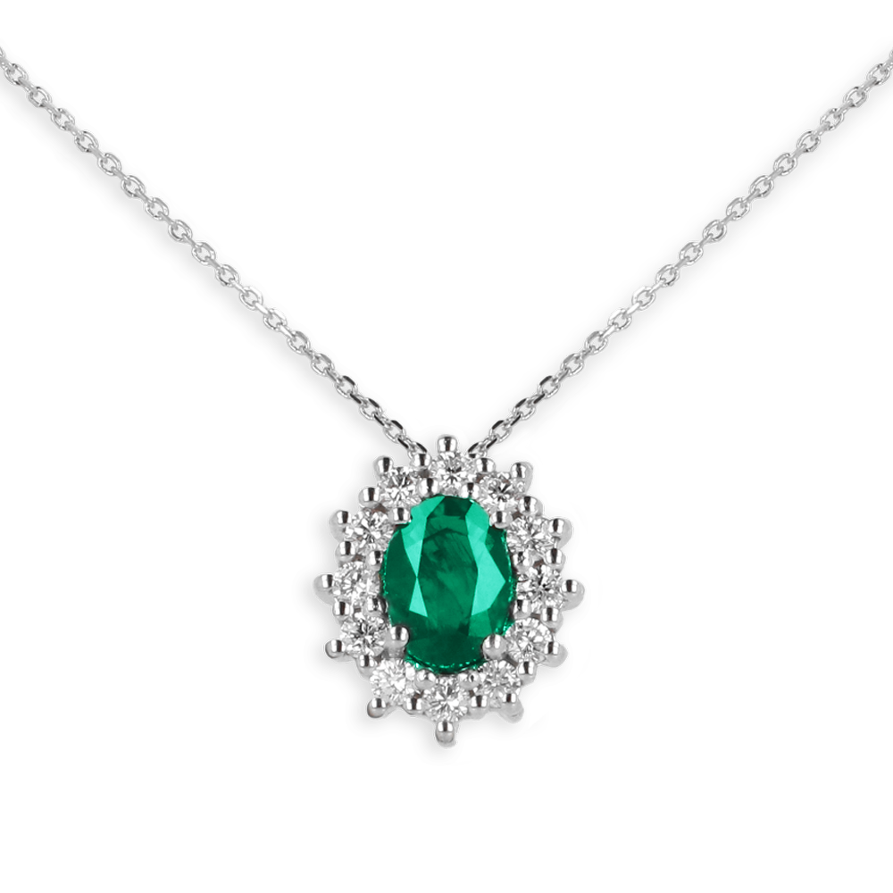 Ciondolo in oro Bianco 18K Diamanti e Centrale Smeraldo