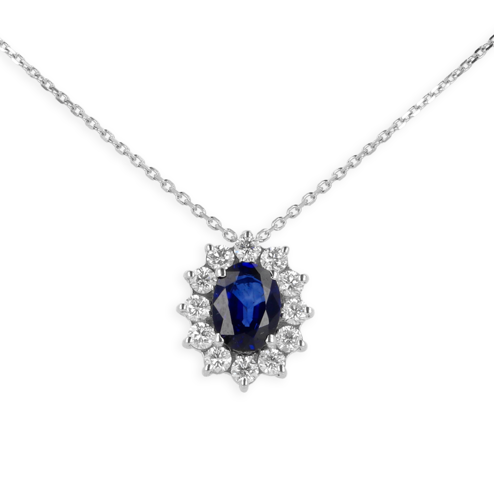 Ciondolo in oro Bianco 18K Diamanti e Centrale Zaffiro