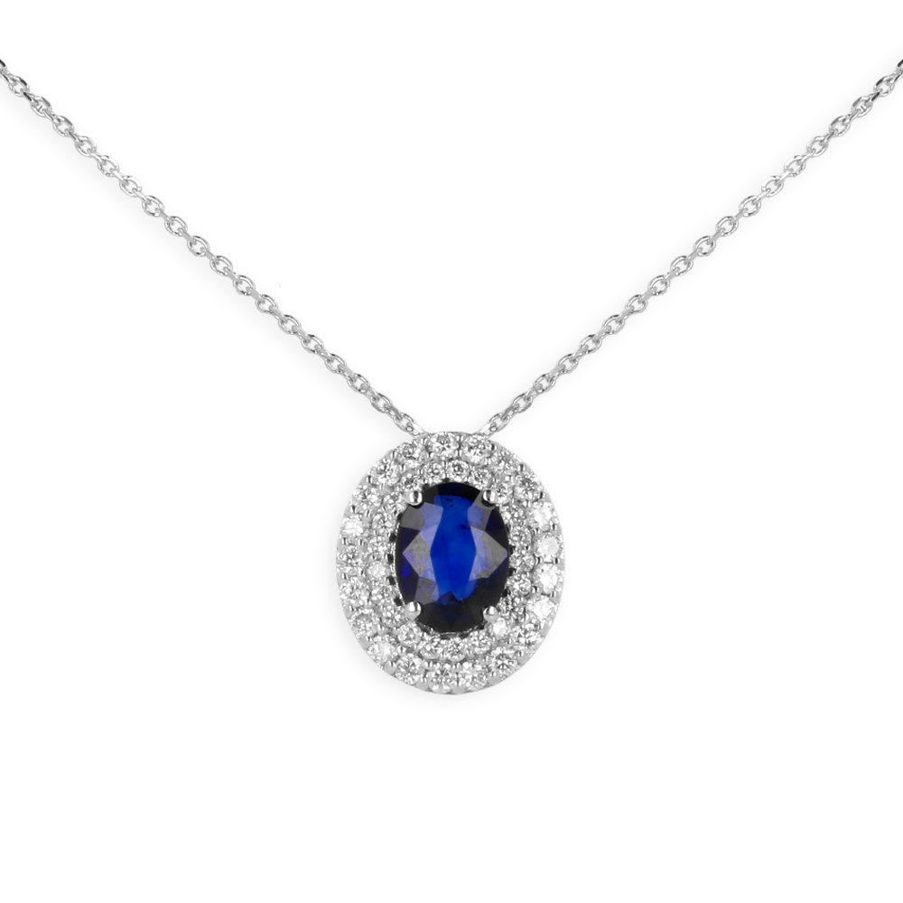 Pendente in oro Bianco 18K Diamanti e Centrale Zaffiro