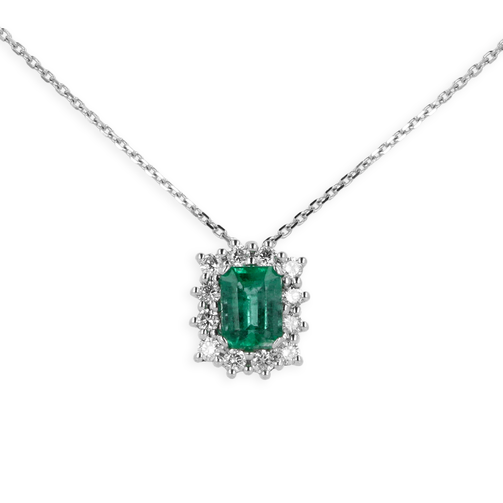 Pendente in oro Bianco 18K Diamanti e Centrale Smeraldo
