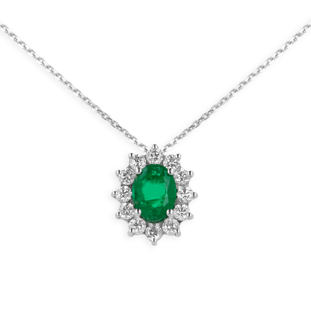 Ciondolo in oro Bianco 18K Diamanti e Centrale Smeraldo