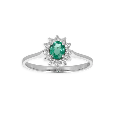 Anello in Oro Bianco 18K diamanti con Centrale Smeraldo