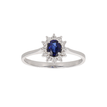 Anello in Oro Bianco 18K diamanti con Centrale Zaffiro