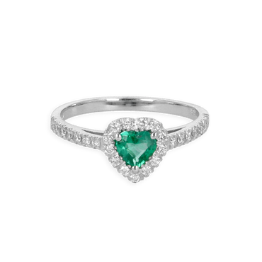 Anello Fedina in Oro Bianco 18K diamanti con Centrale Cuore Smeraldo