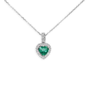 Ciondolo in oro Bianco 18K con Diamanti e Centrale Cuore Smeraldo
