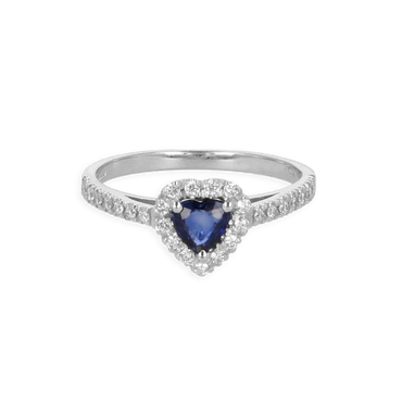 Anello Fedina in Oro Bianco 18K diamanti con Centrale Cuore Zaffiro