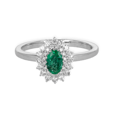 Anello oro bianco 18K con diamanti con smeraldo