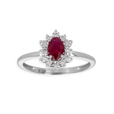 Anello oro bianco 18K con diamanti con rubino centrale