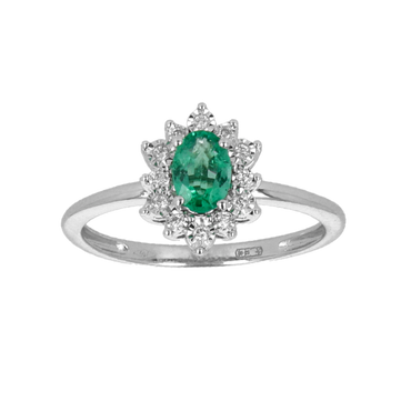 Anello oro bianco 18K con diamanti con smeraldo centrale