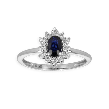 Anello oro bianco 18K con diamanti con zaffiro centrale