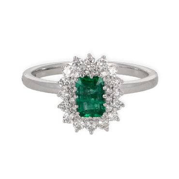 Anello oro bianco 18K con diamanti con smeraldo