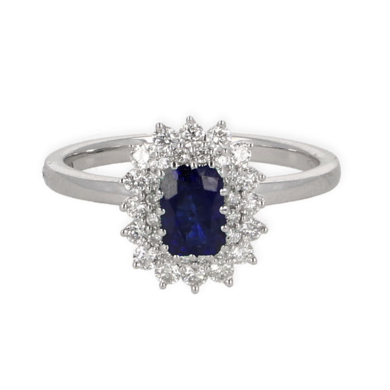 Anello oro bianco 18K con diamanti con zaffiro