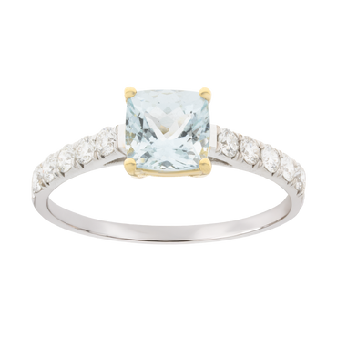Anello oro bianco 18K con acquamarina cushion e fila di diamanti per lato