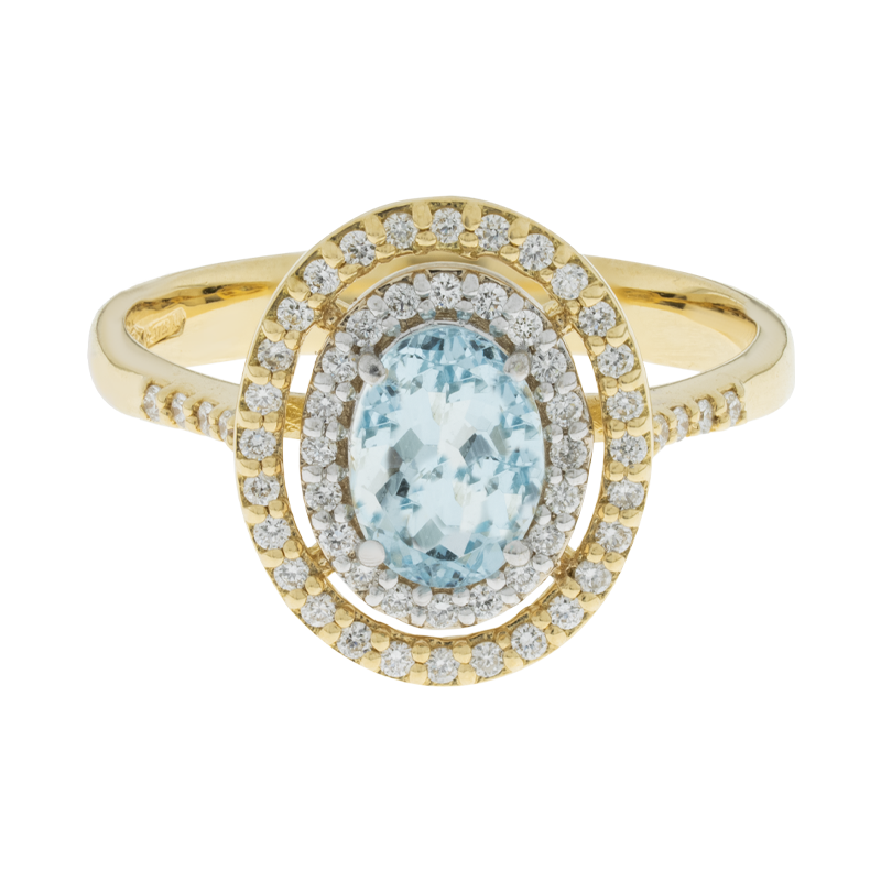 Anello con acquamarina ovale e contorno diamanti