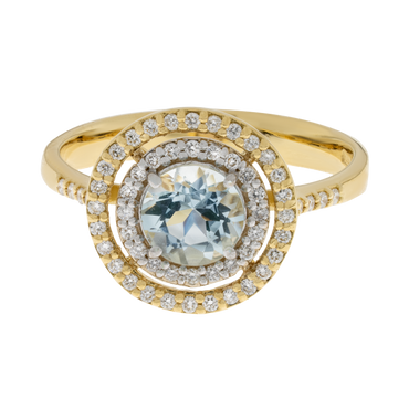 Anello oro giallo 18K con acquamarina round e contorno diamanti