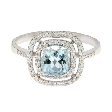 Anello oro bianco 18K con acquamarina cushion e contorno diamanti