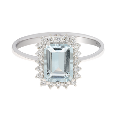 Anello oro bianco 18K con acquamarina emerald e contorno diamanti