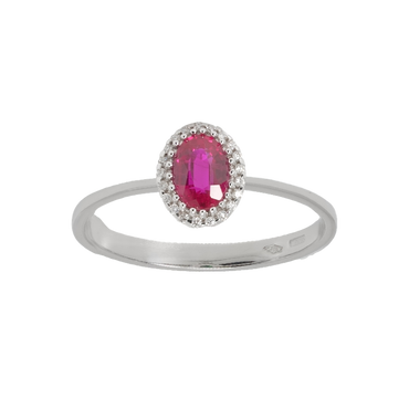 Anello oro bianco 18K con diamanti pavè con rubino centrale da 0.29 a 1.25 ct