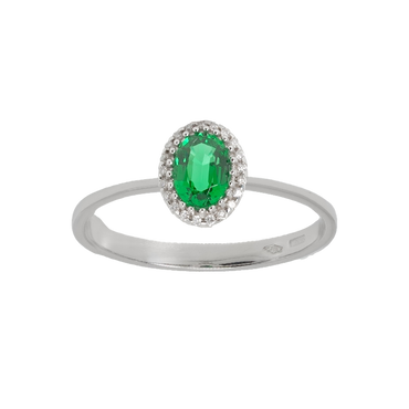 Anello oro bianco 18K con diamanti pavè con smeraldo centrale da 0.34 a 0.90 ct
