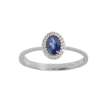 Anello oro bianco 18K con diamanti pavè con zaffiro centrale da 0.29 a 1.10 ct