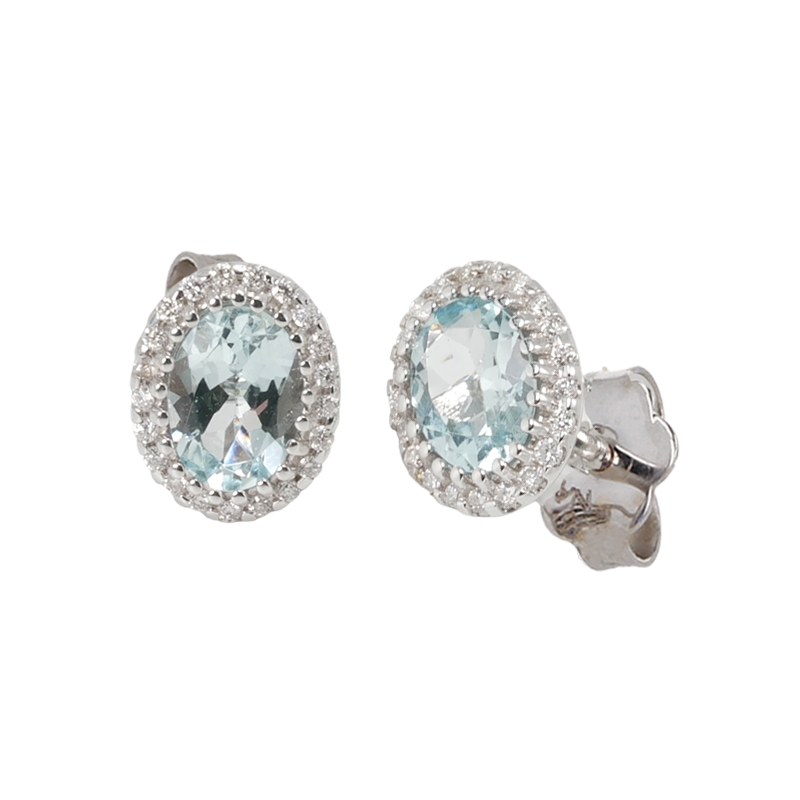 Orecchini in oro bianco 18K con diamanti pavè con acquamarina centrale da 0.58 a 2.00 ct