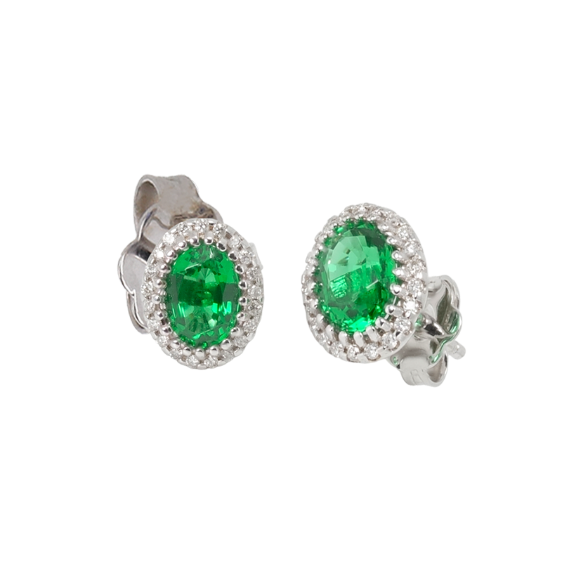 Orecchini in oro bianco 18K con diamanti pavè con smeraldo centrale da 0.68 a 1.80 ct