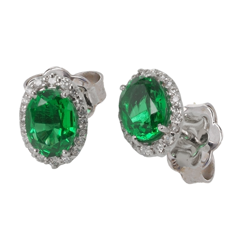 Orecchini in oro bianco 18K con diamanti pavè con smeraldo centrale da 0.79 a 2.58 ct
