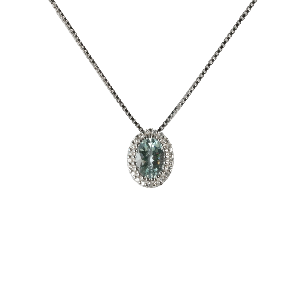 Ciondolo in oro bianco 18K con diamanti pavè con acquamarina centrale da 0.29 a 1.00 ct