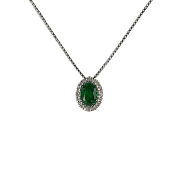 Ciondolo in oro bianco 18K con diamanti pavè con smeraldo centrale da 0.34 a 0.90 ct