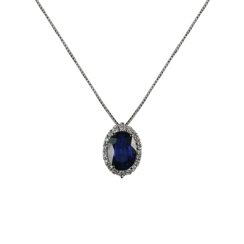 Ciondolo in oro bianco 18K con diamanti pavè con zaffiro centrale da 0.35 a 1.54 ct