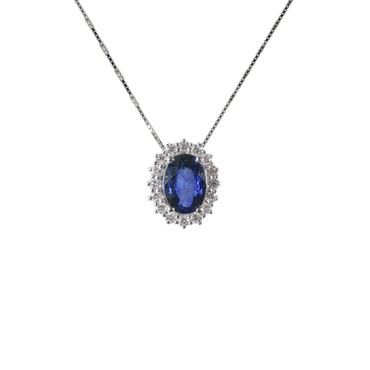 Ciondolo in oro bianco 18K con diamanti pavè con zaffiro centrale da 0.40 a 1.65 ct