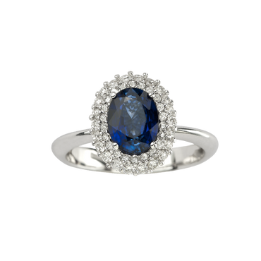 Anello oro bianco 18K con diamanti da 0.37 a 0.60 ct con zaffiro 7x5, 8x6 e 10x8 TRT