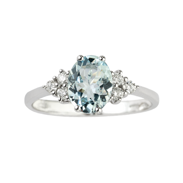 Anello Oro bianco 18K con Diamanti e Acquamarina Tonda