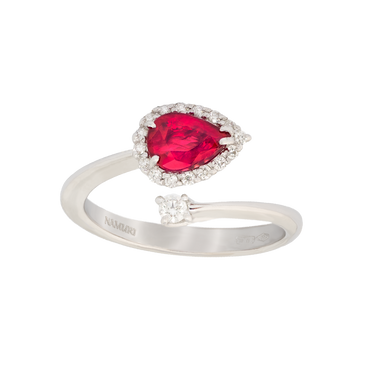 Anello contrariè oro bianco 18K con diamanti con rubino centrale a goccia