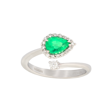 Anello contrariè oro bianco 18K con diamanti con smeraldo centrale a goccia
