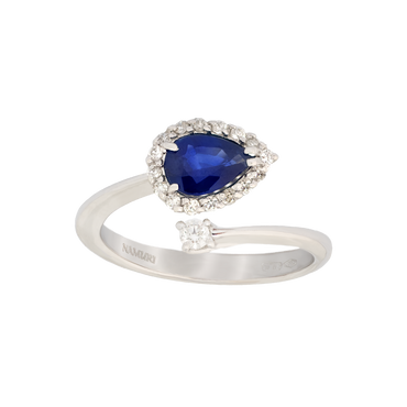 Anello contrariè oro bianco 18K con diamanti con zaffiro centrale a goccia