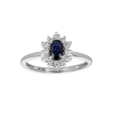 Anello in oro bianco 18K con diamanti con centrale Zaffiro