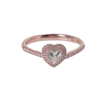 Anello in oro rosa 18K con diamanti pavè con cuore centrale doppio contorno