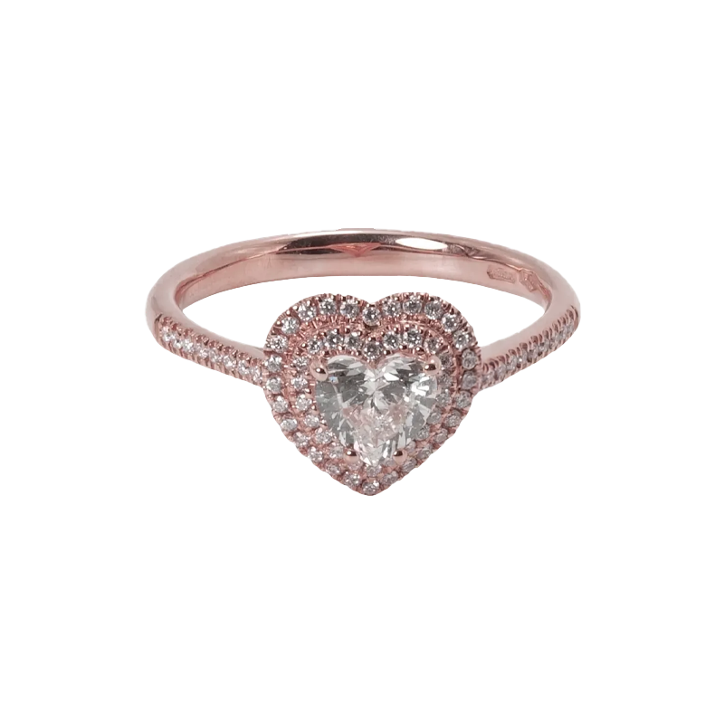 Anello in oro rosa 18K con diamanti pavè con cuore centrale doppio contorno