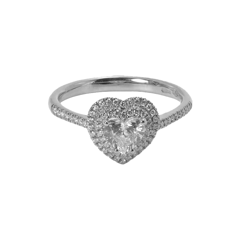 Anello in oro bianco 18K con diamanti pavè con cuore centrale doppio contorno