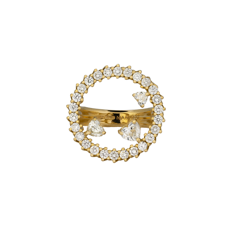 Anello in oro giallo 18K con diamanti con 3 cuori