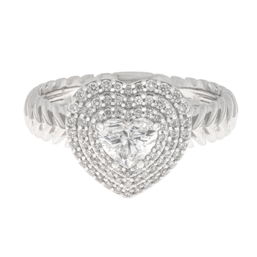 Anello a spiga oro bianco 18K con diamanti centrali a cuore con contorno di diamanti round