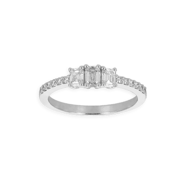 Anello Trilogy Oro Bianco 18K con Diamanti Taglio Emerald con Contorno Diamanti Round da 0.73 a 1.08 ct